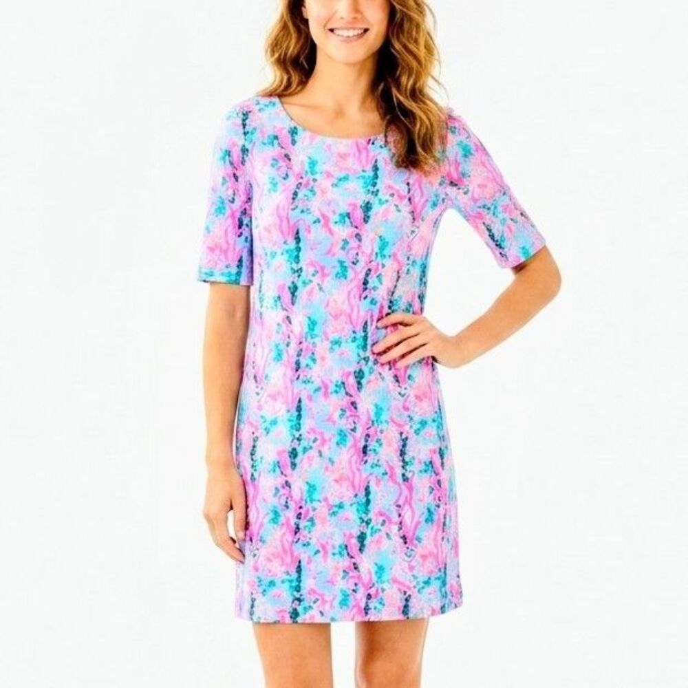 LILLY PULITZER Dress Tessa Seaweed Samba Print V-Neck 3/4 Sleeves Women XL NEW